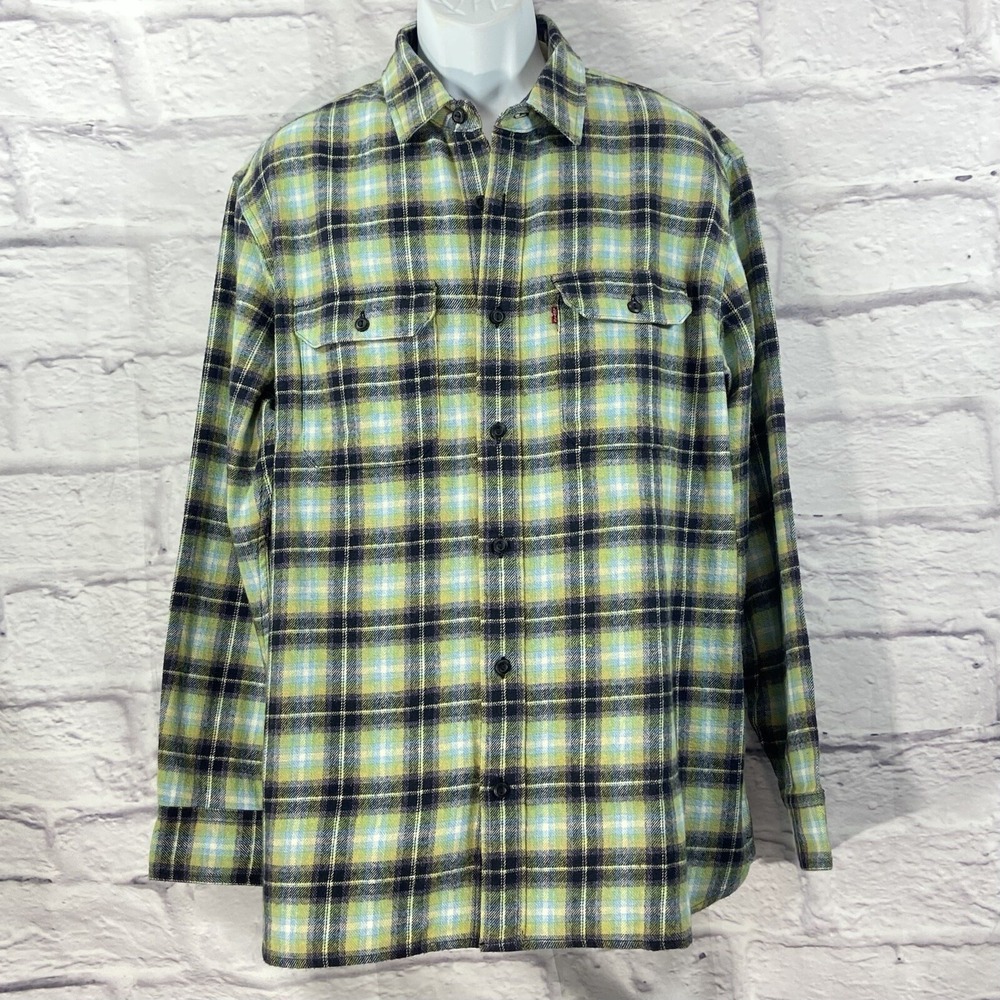 Levi's Premium Flannel‎ Shirt Mens L Green The Worker Relaxed Fit Plaid New